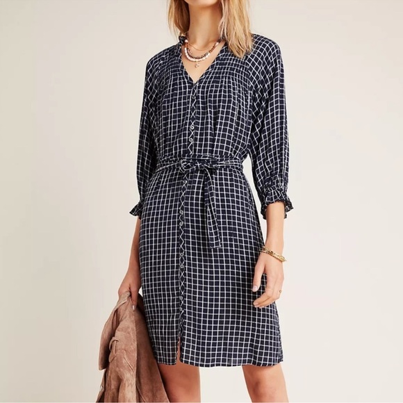 Anthropologie Dresses & Skirts - Anthropologie Sara Smocked Shirtdress Navy and White Grid Long Sleeve Dress